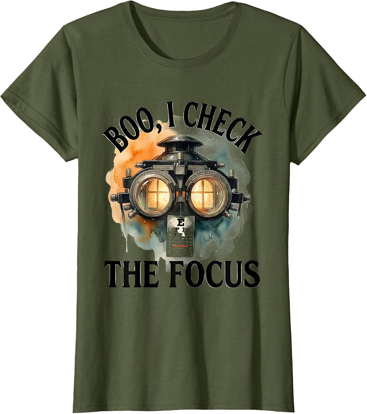 Women's Boo I Check The Focus Watercolor Halloween Optometrist Eye T-Shirt - Olive Green