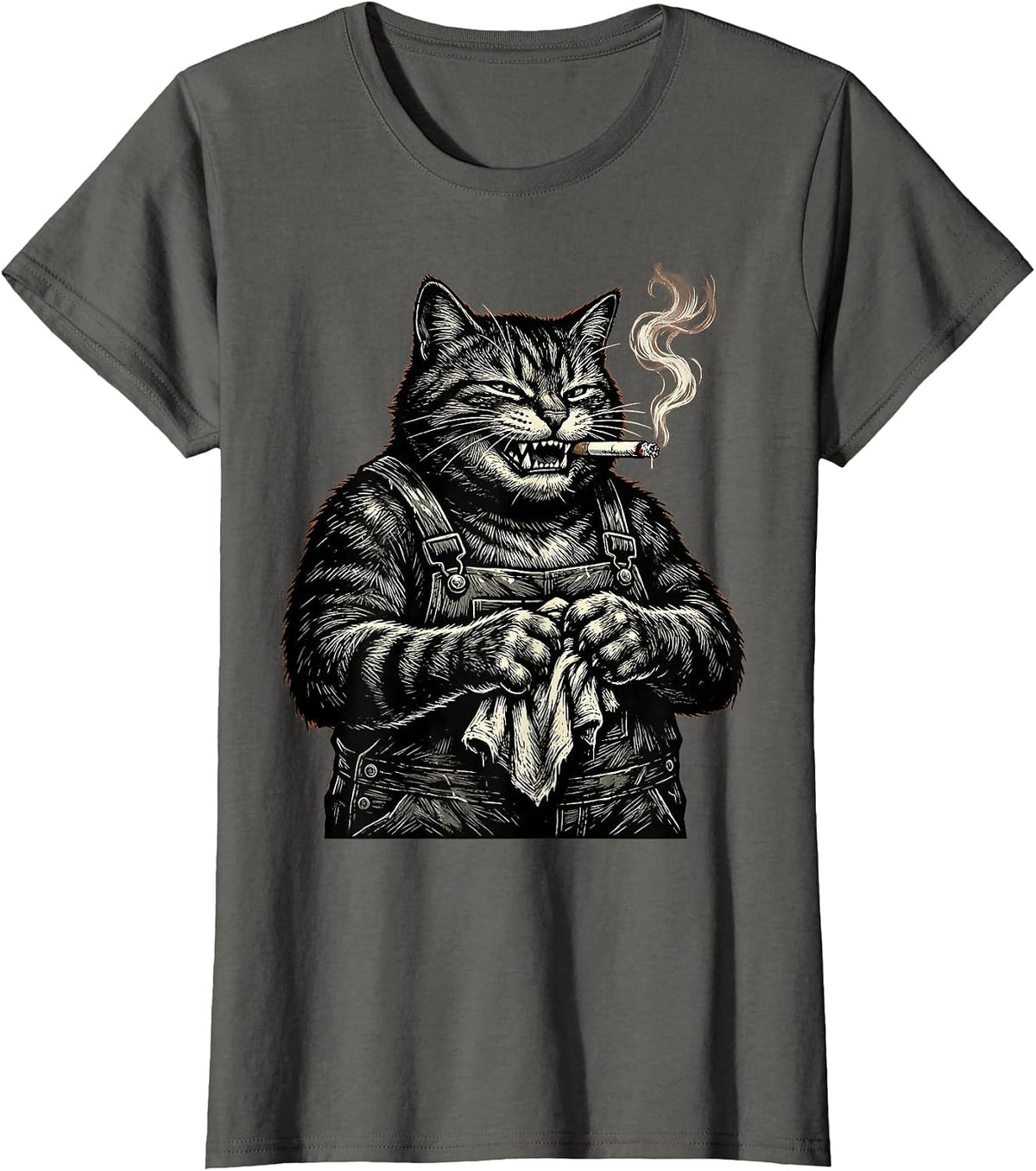 Women's Cat Mechanic With Cigarette Graphic Design T-Shirt - Asphalt Grey