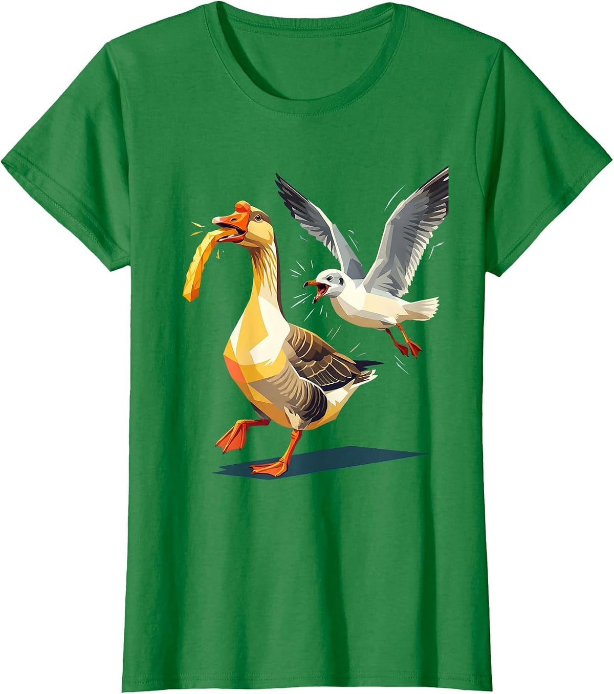 Silly Goose Stealing French Fry From Seagull T-Shirt - Kelly Green