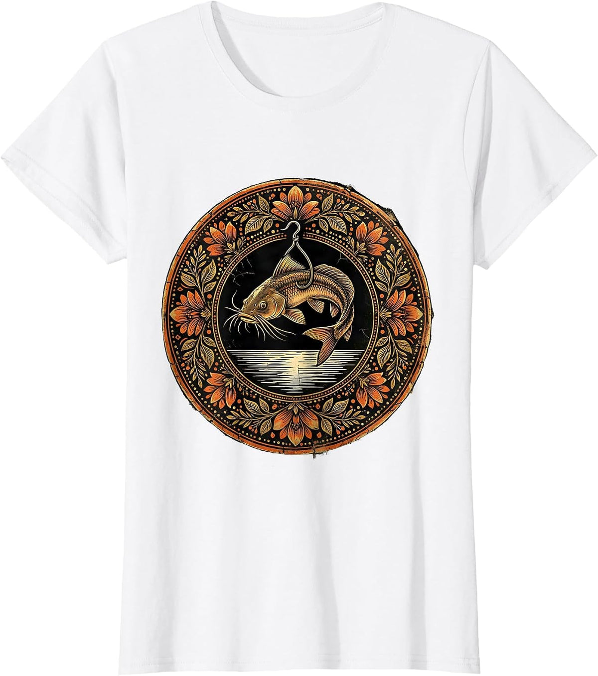 Catfish on a Hook Above Still Water Illustration T-Shirt - White