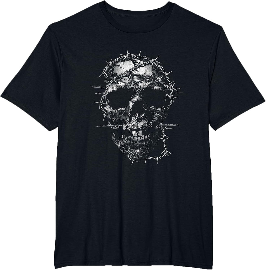 Grunge Skull Barbed Wire Eyes Barbed Wire Gothic T-Shirt - Black