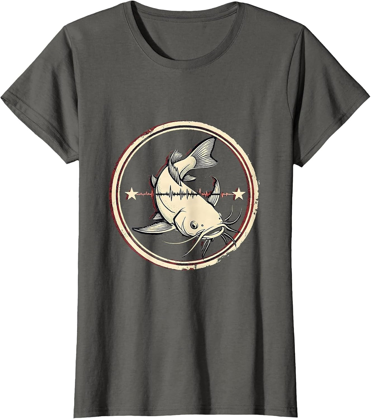 Women's Broad Channel Catfish Emblem Angler Fishing Enthusiast T-Shirt - Asphalt Grey