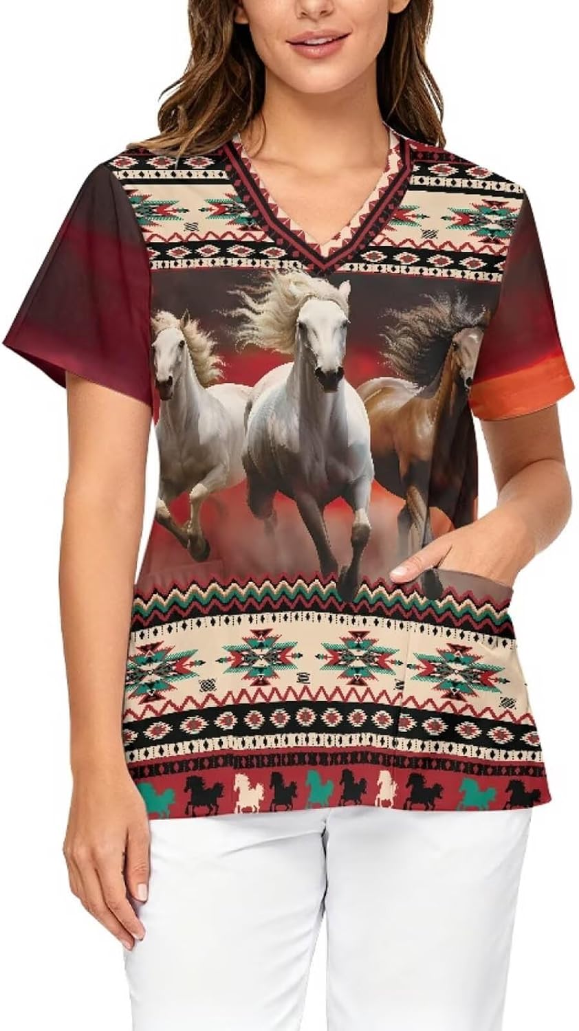 Scrub for Women Cute Short Sleeve V-Neck Scrubs Tops with Pockets Anti-Wrinkle, Stretch Medical Nursing Uniforms - Aztec