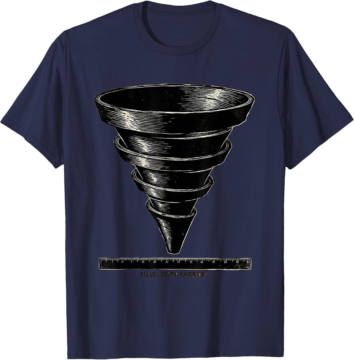 I Love Chasing Tornadoes Linocut Storm Chaser Meteorology T-Shirt - Navy Blue