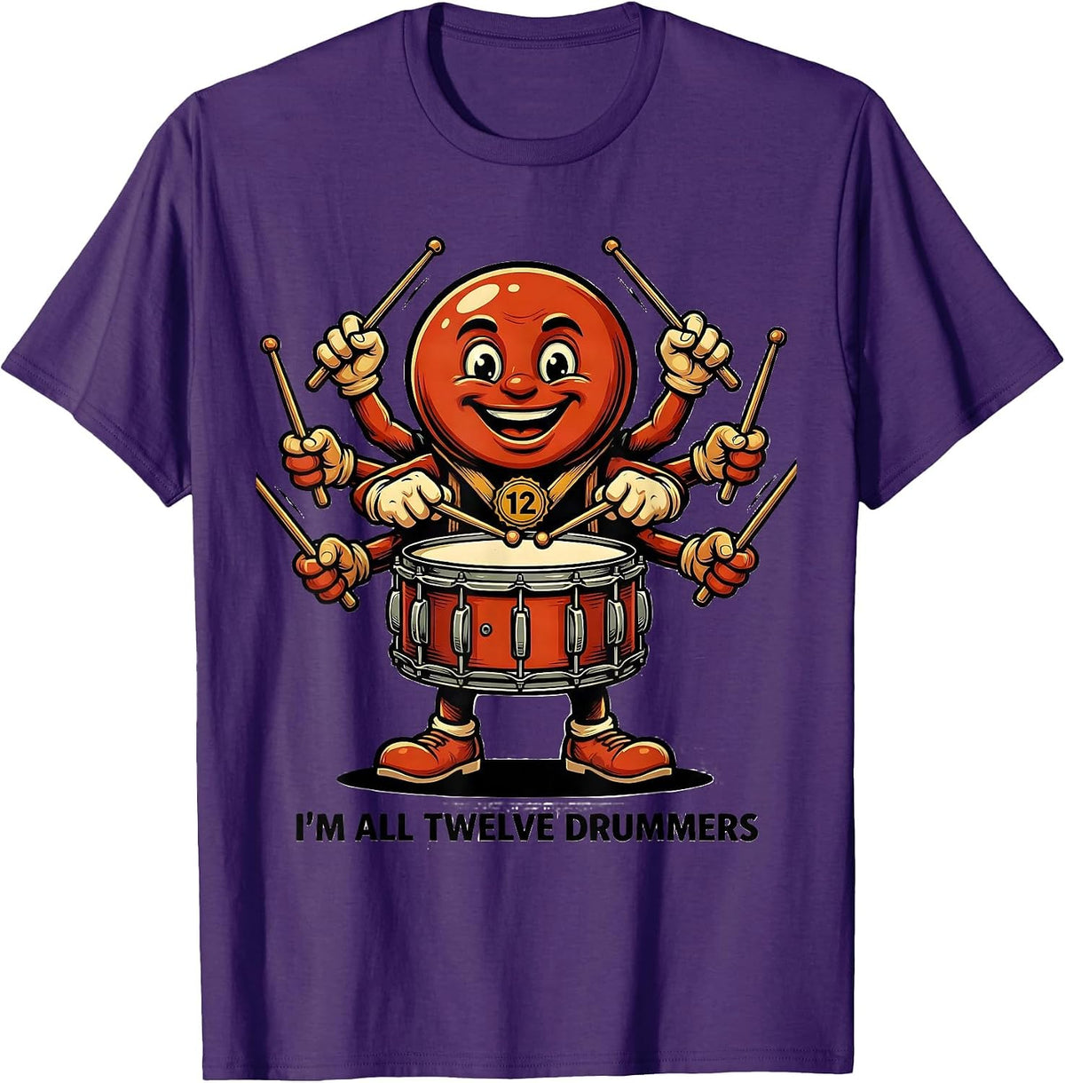 Men's I'm All Twelve Drummers Retro Advertising Mascot Christmas T-Shirt - Purple
