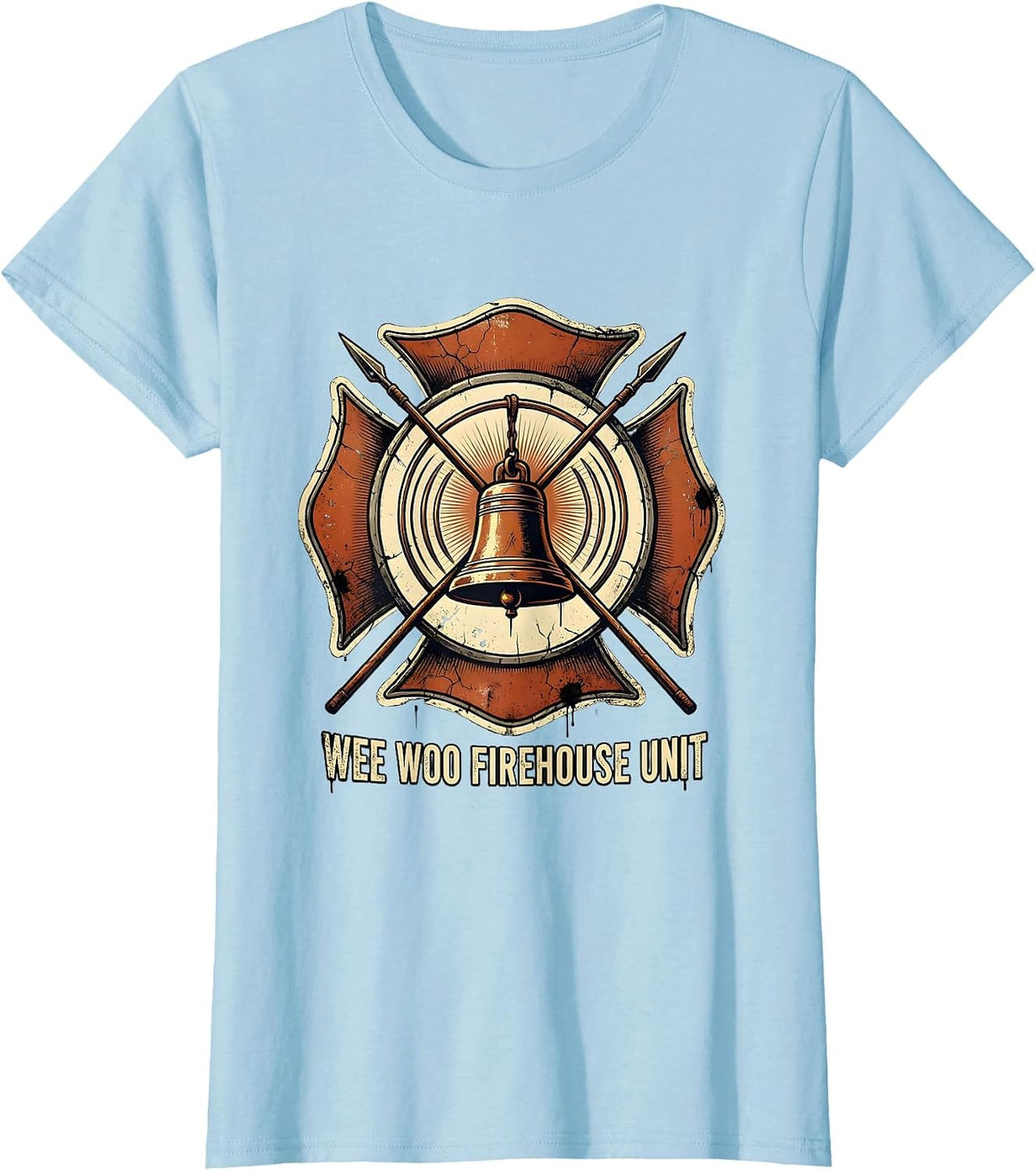 Wee Woo Firehouse Unit Distressed Firefighter Badge Humor T-Shirt - Baby Blue