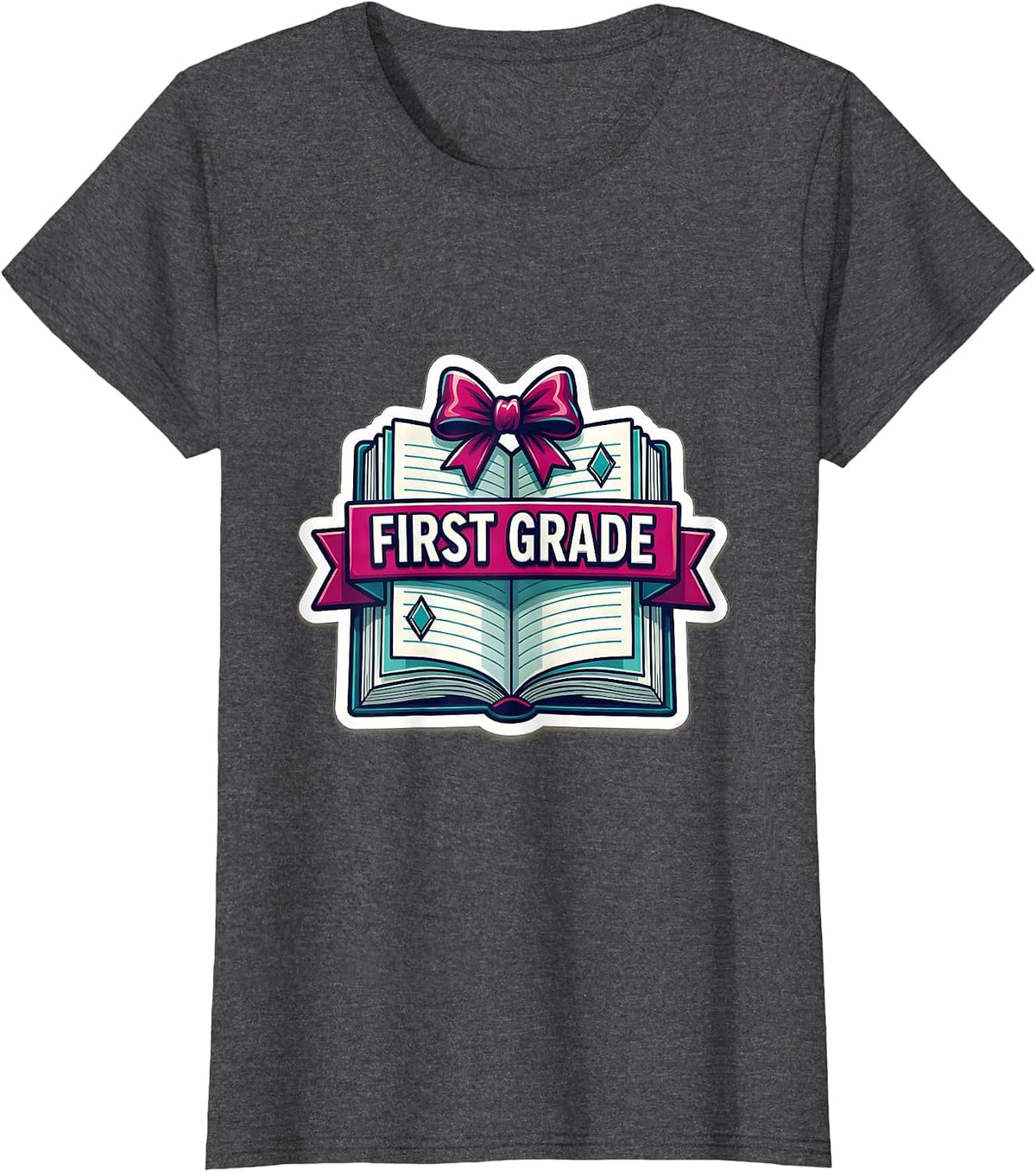 Women's First Grade Cute Preppy Back To School Girls Sticker Style T-Shirt - Dark Heather Grey