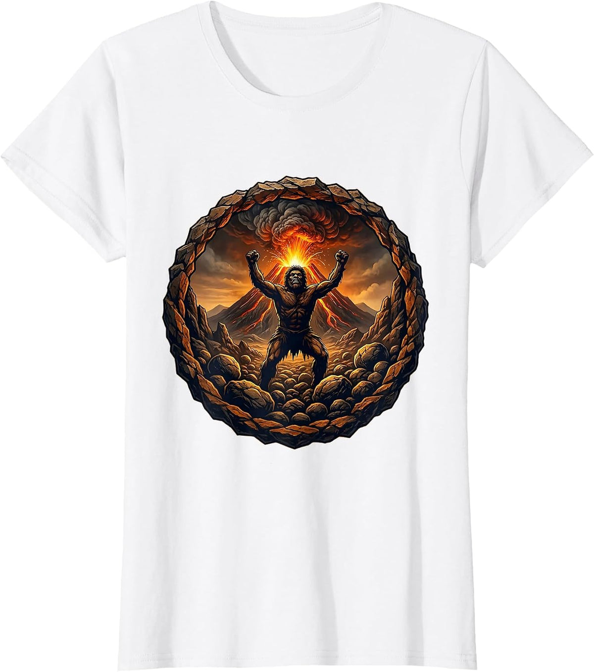 Cave Person Silhouette Volcanic Eruption Design T-Shirt - White