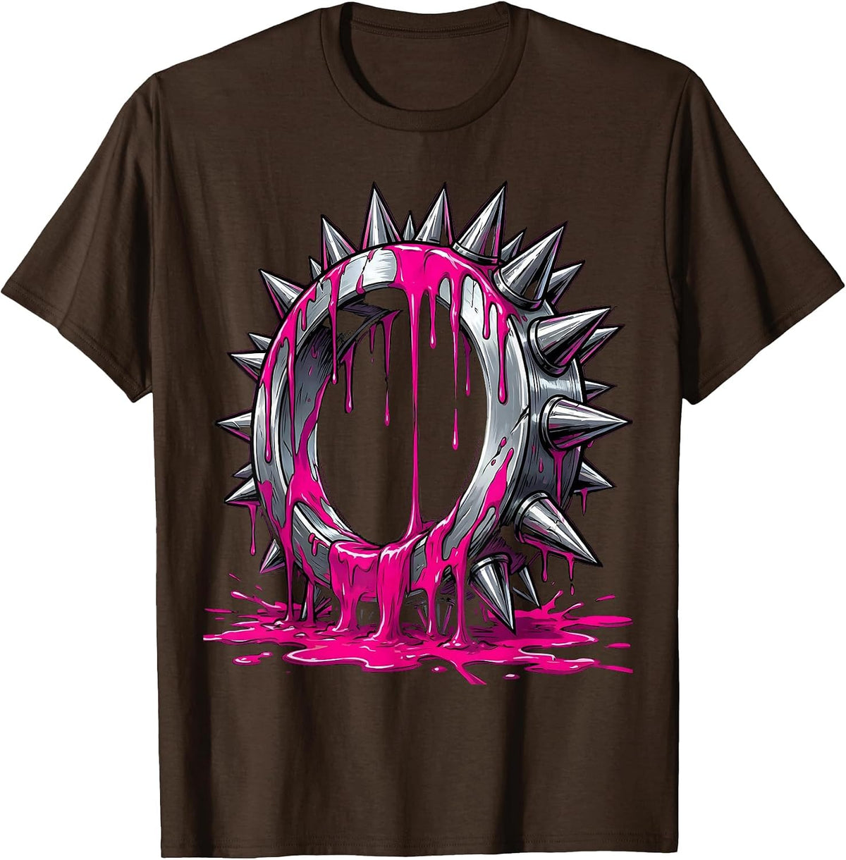 Punk Rock Spiked Knuckle Duster Paint Drip Art T-Shirt - Brown