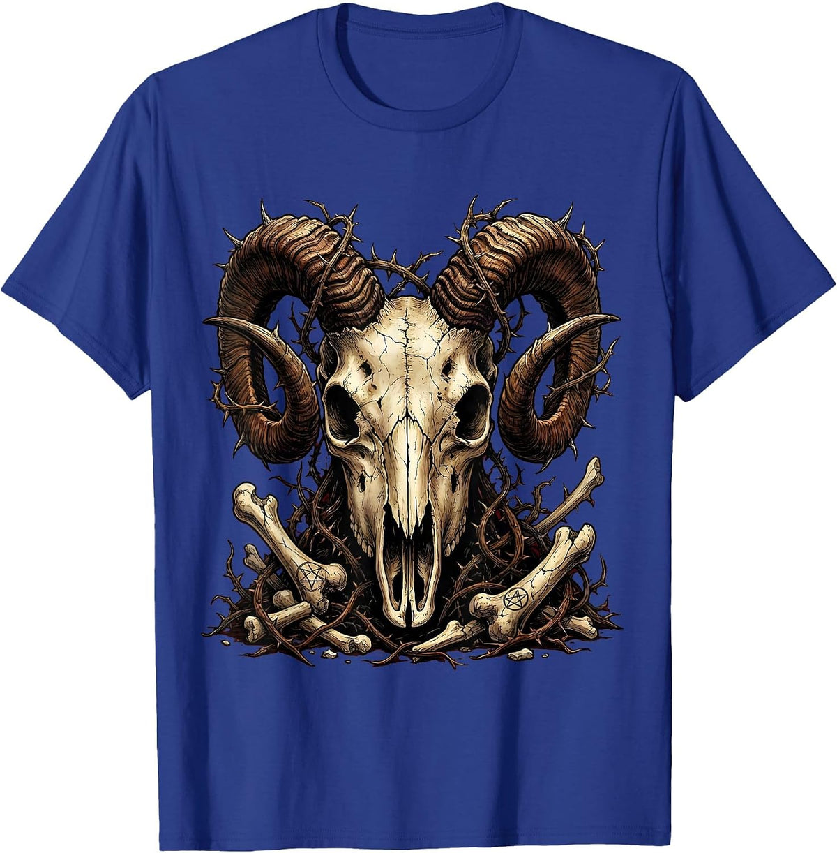 Demonic Goat Skull Twisted Horns Halloween Design T-Shirt - Royal Blue