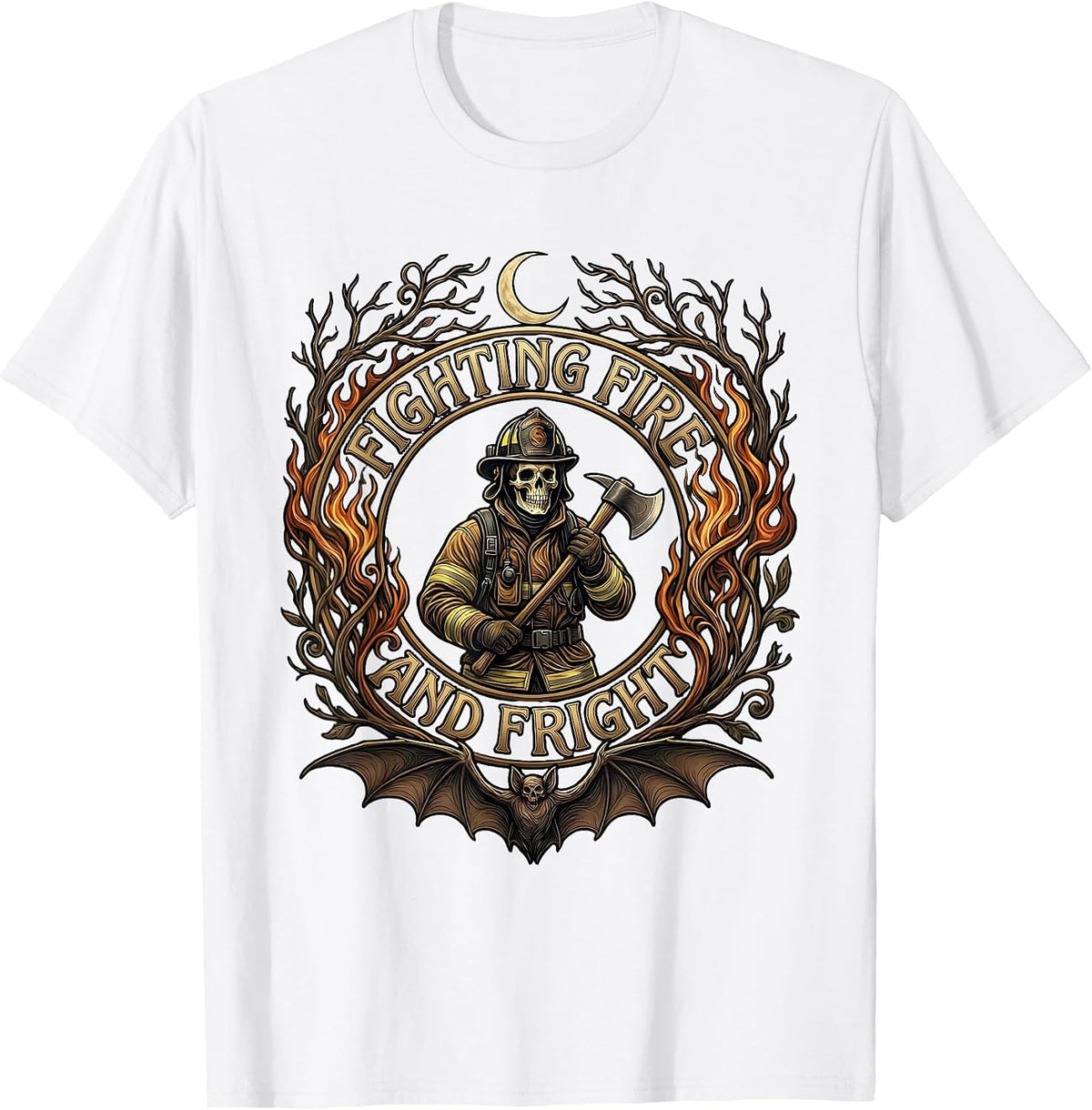 Men's Halloween Firefighter Fighting Fire and Fright Design T-Shirt - White