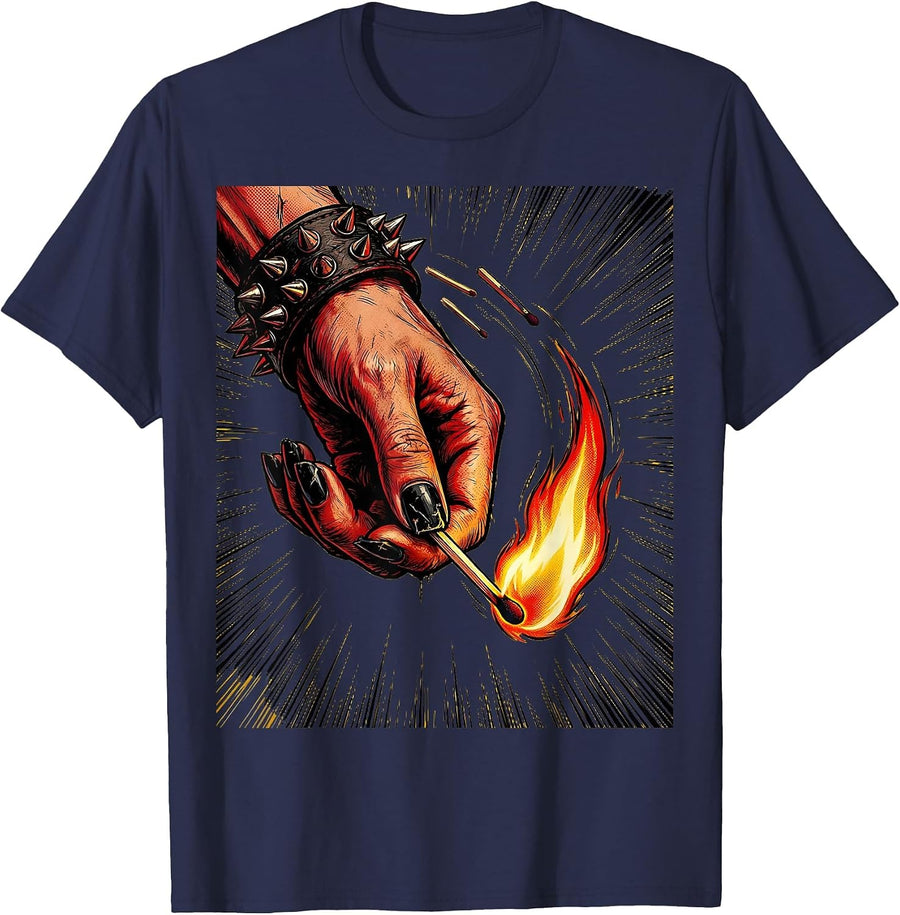 Punk Lit Match Drop Graphic Tee T-Shirt - Navy Blue