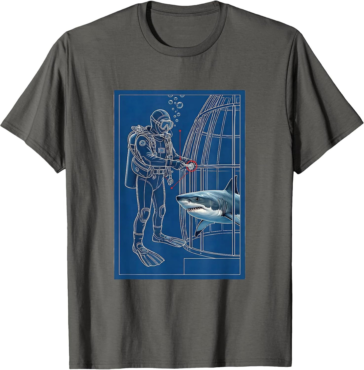 Diver Shark Cage Technical Blueprint Scuba Diving Gift T-Shirt - Asphalt Grey