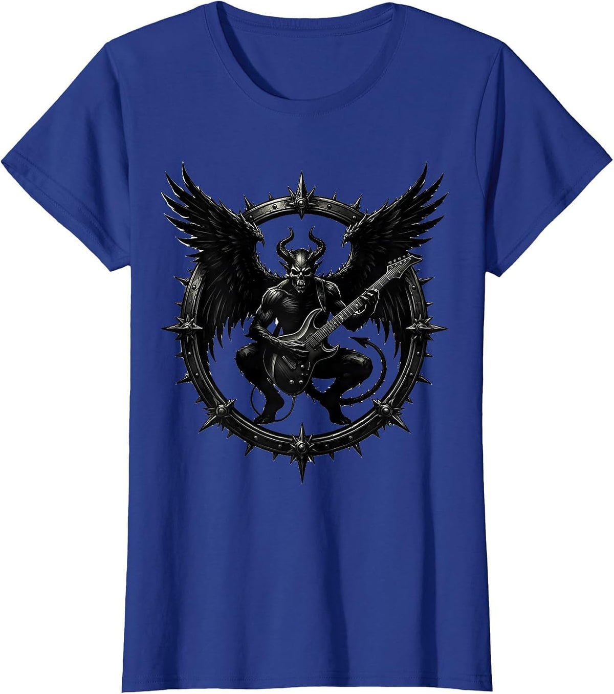 Women's Winged Demon Guitarist Heavy Metal Rock Illustration T-Shirt - Royal Blue