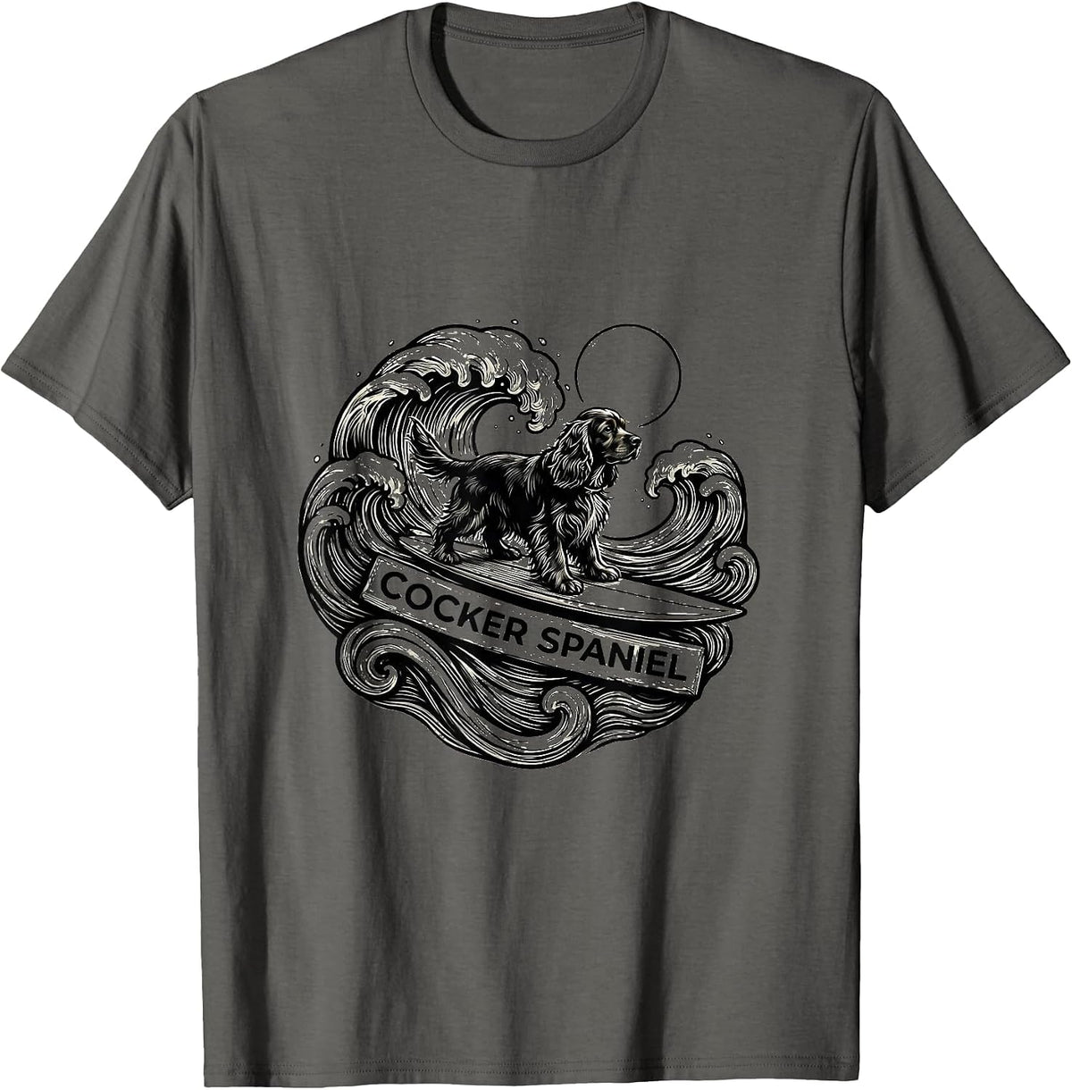 Men's Cocker Spaniel Line Art Funny Surf Dog Breed Owner Gift T-Shirt - Asphalt Grey