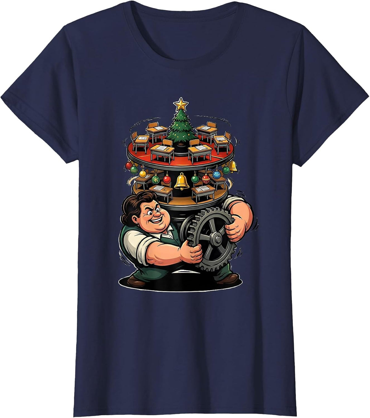 Women's Cartoon Teacher Christmas Music Box Classroom Humor T-Shirt - Navy Blue