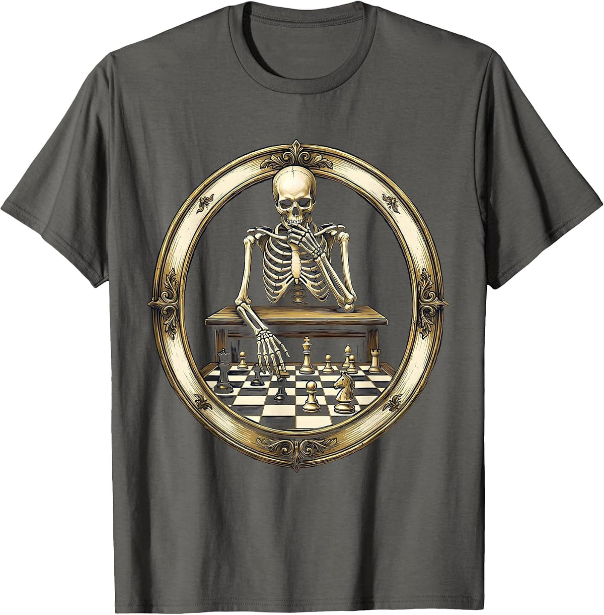 Skeleton Playing Chess Alone Illustration T-Shirt - Asphalt Grey