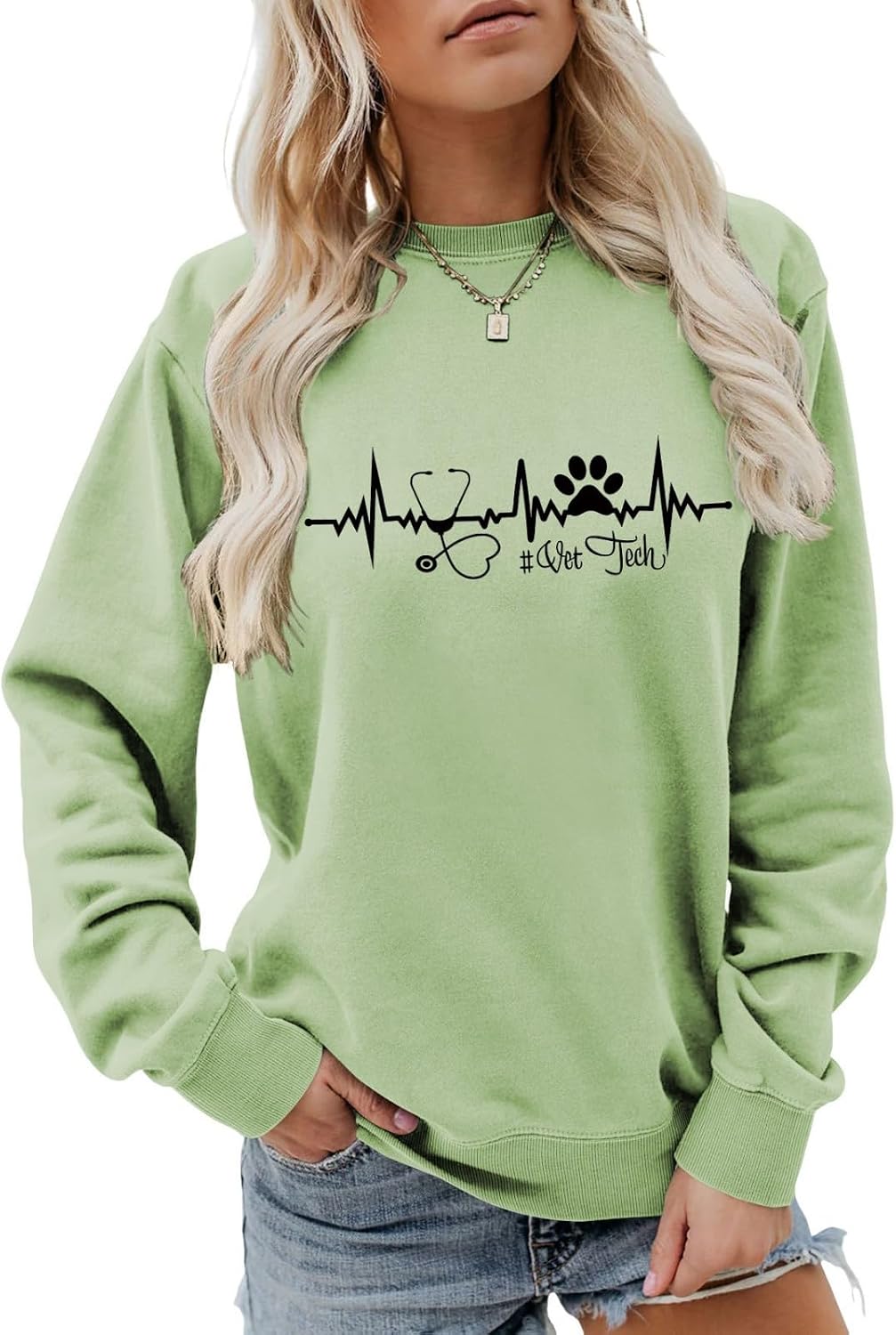 Veterinary Technician Sweatshirt for Women Vet Tech Crewneck Pullover for Veterinary Student Long Sleeve Shirts - Olive Green