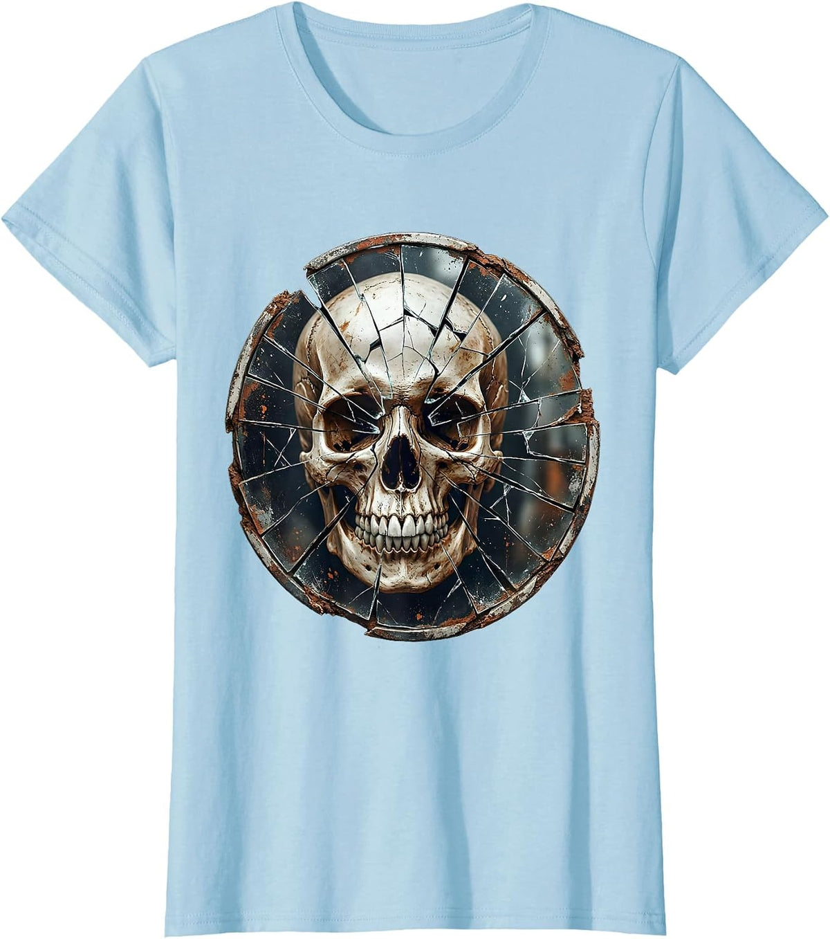 Grunge Cracked Mirror Fragmented Skull Reflection T-Shirt - Baby Blue