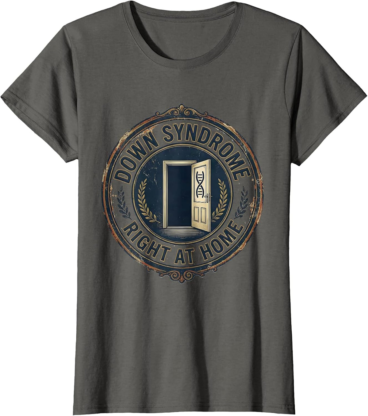 Women's Down Syndrome Right at Home Vintage Family Support Awareness T-Shirt - Asphalt Grey
