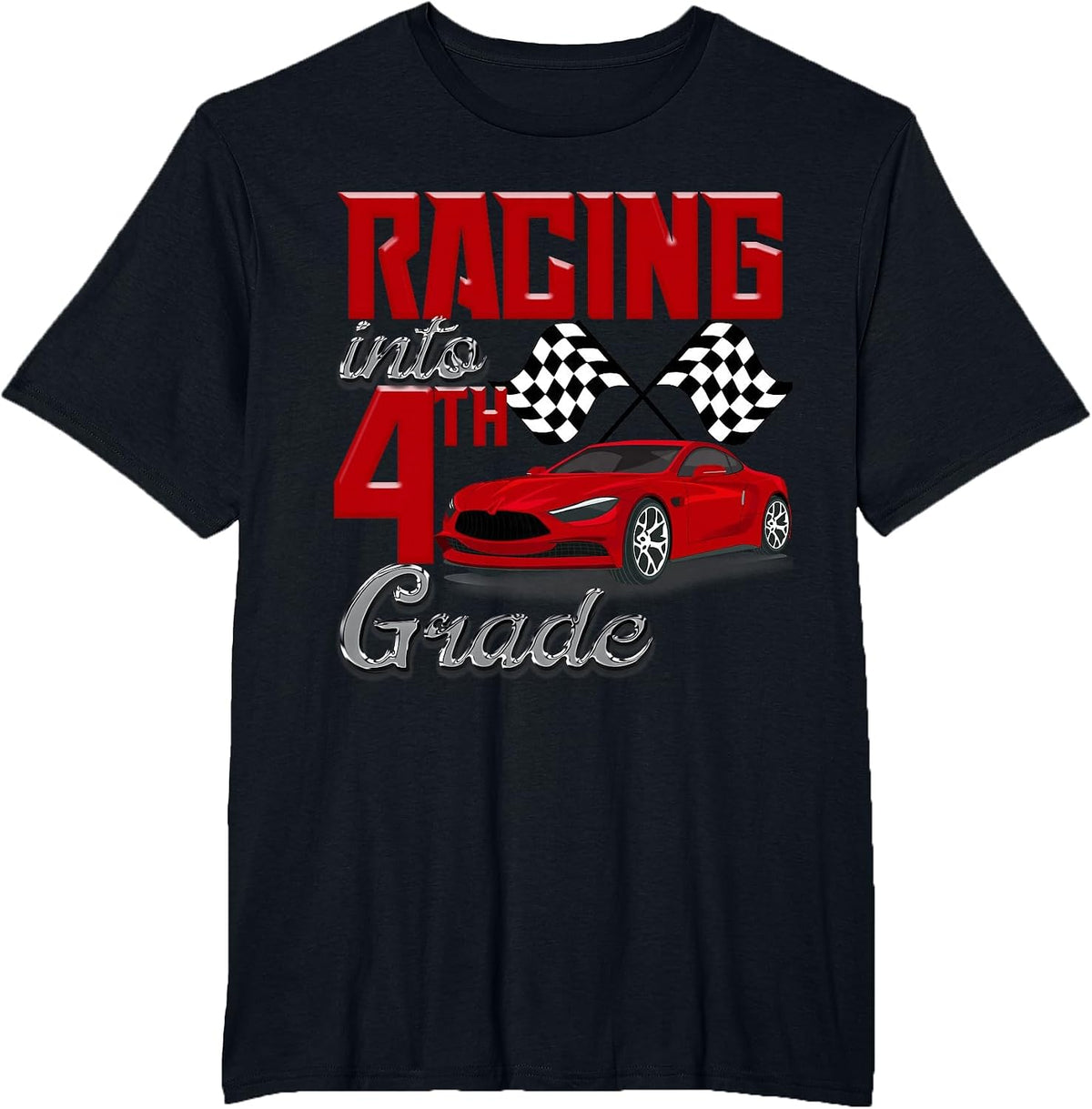 Racing Into 4th Grade Race Car School Kids Checker Flag Boys T-Shirt - Black