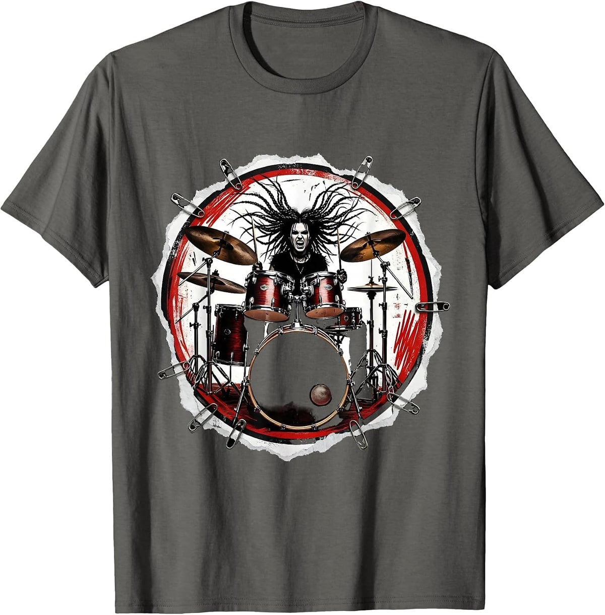 Drummer With Braids Behind Massive Drum Kit T-Shirt - Asphalt Grey