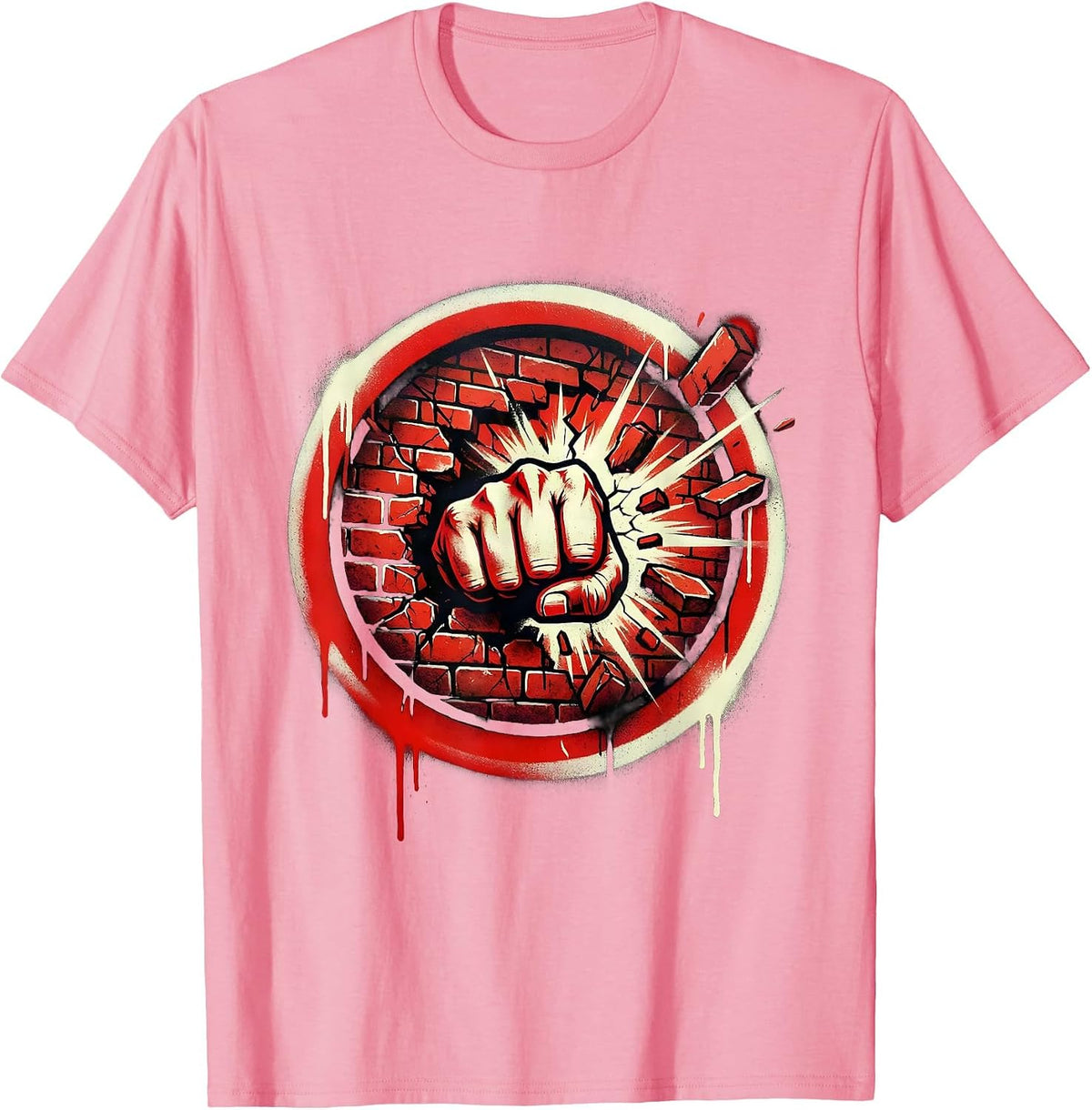 Punk Rock Fist Through Brick Wall Graphic T-Shirt - Pink