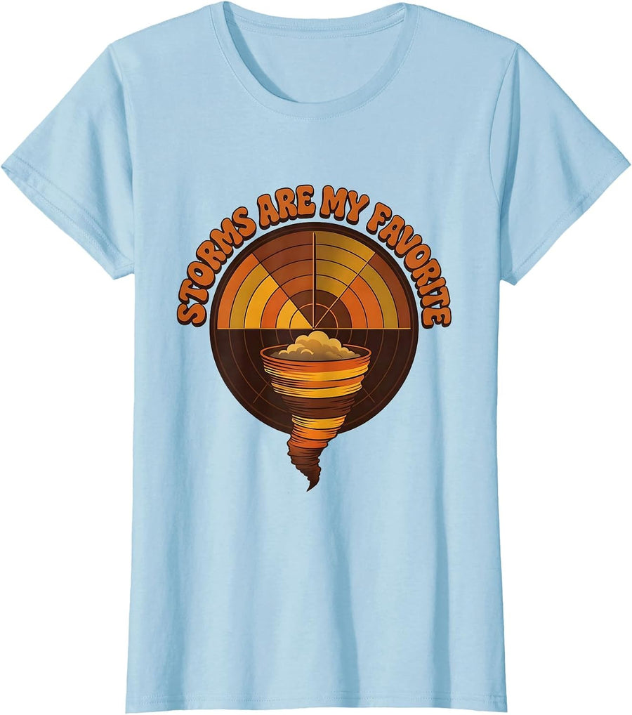 Women's Storms Are My Favorite Retro 70s Tornado Chaser Meteorology T-Shirt - Baby Blue