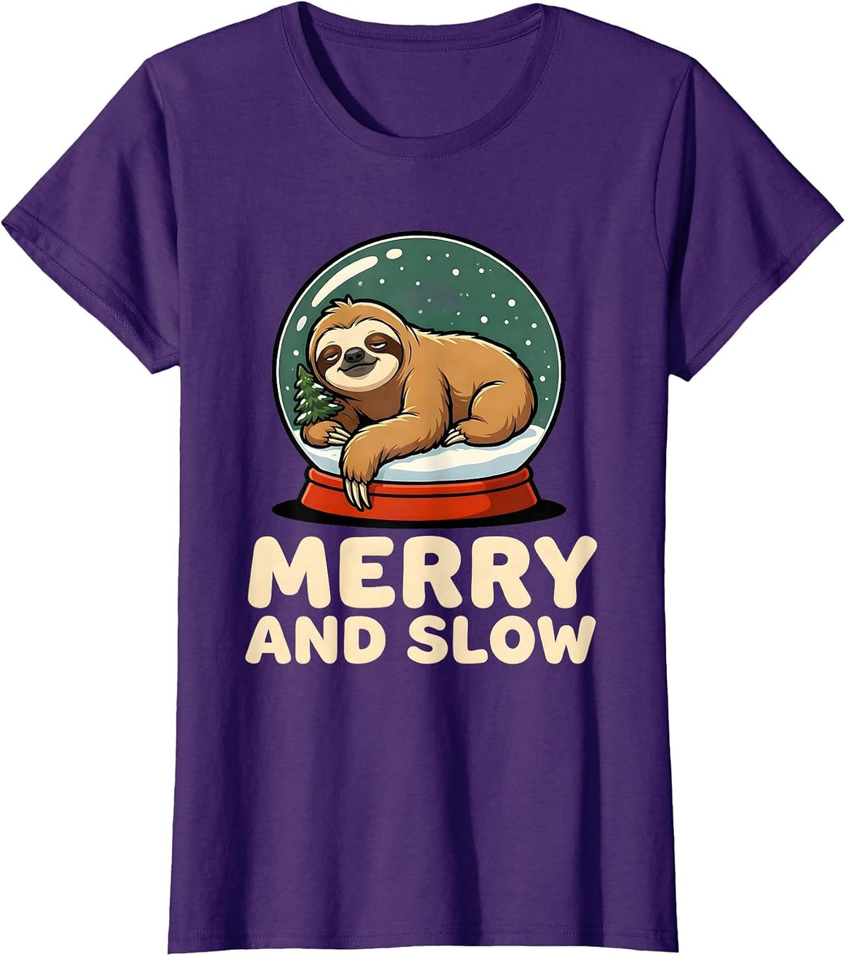 Women's Merry And Slow Cartoon Sloth Humor Ugly Christmas Sweater T-Shirt - Purple