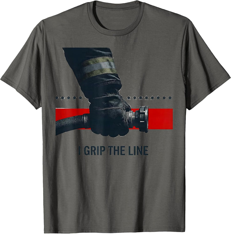 I Grip The Line Firefighter Pride Thin Red Line Humor T-Shirt - Asphalt Grey