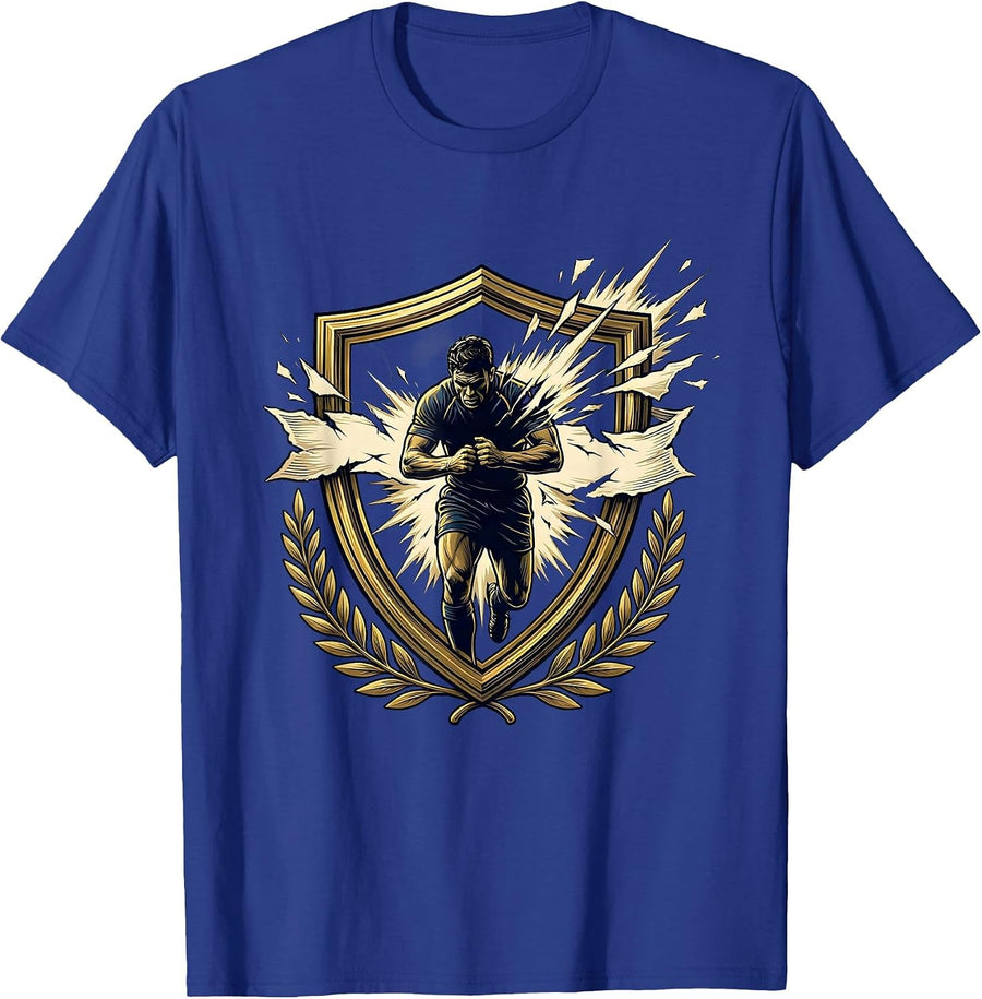 Rugby Player Bursting Through Banner Graphic T-Shirt - Royal Blue