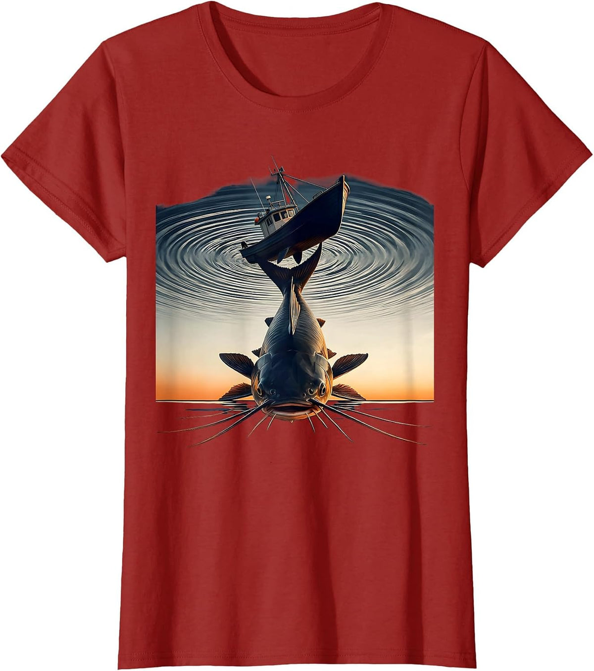 Women's Giant Catfish Pulling Down a Boat Fishing Graphic T-Shirt - Cranberry Red