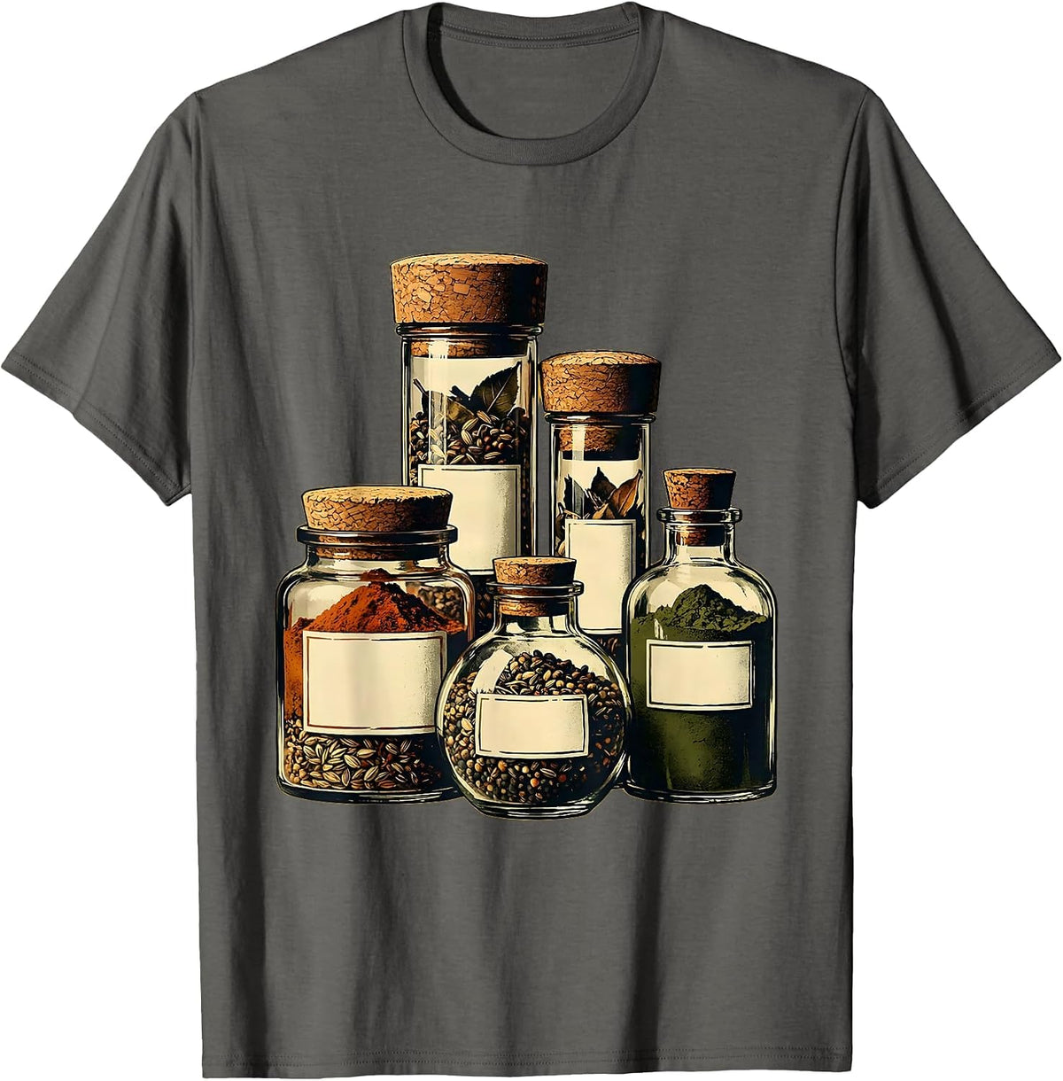 Men's Hand-Drawn Spice Bottles Row Chef Graphic T-Shirt - Asphalt Grey