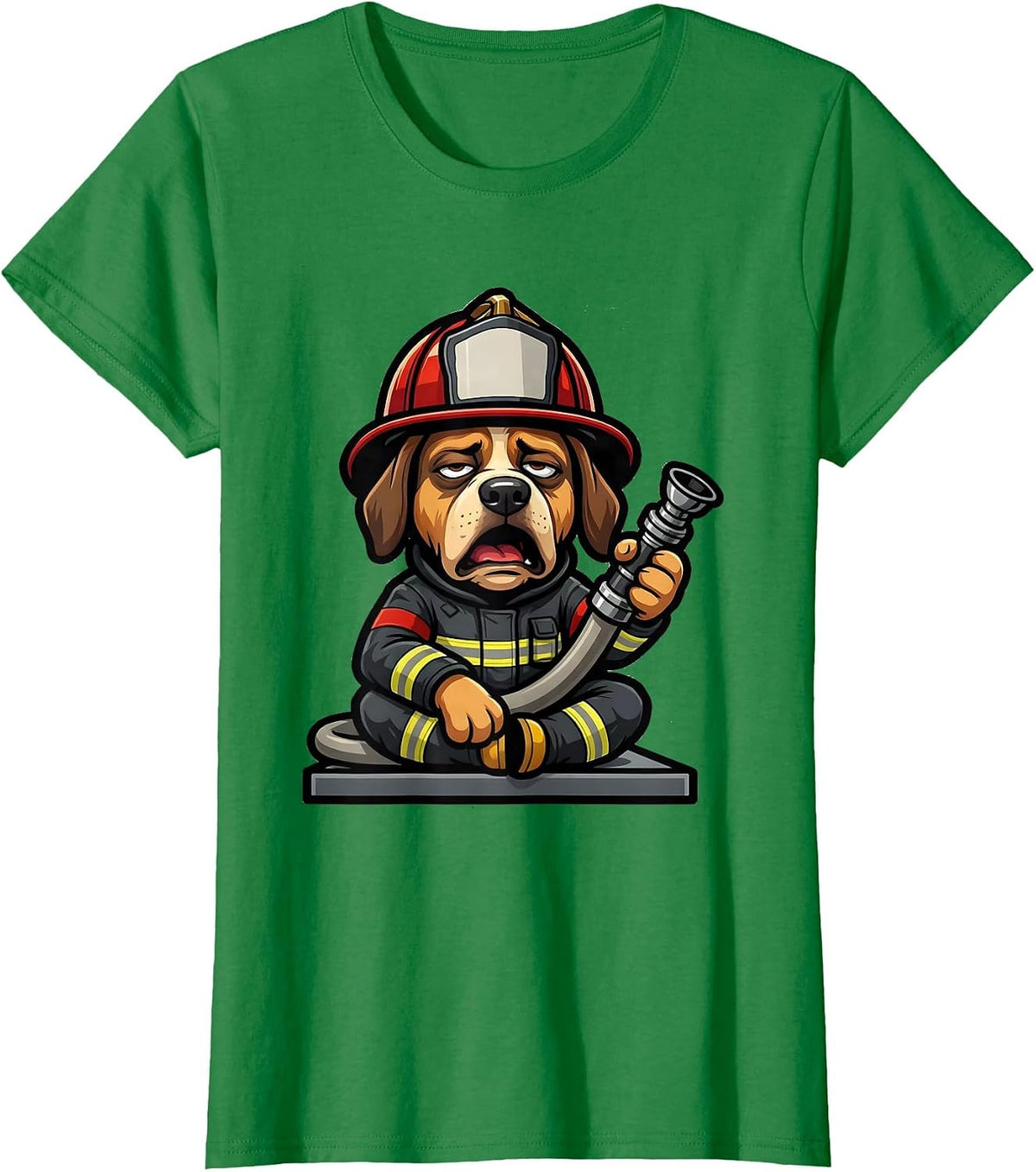 Yawning Firefighter Mascot Helmet Logo Family Humor T-Shirt - Kelly Green
