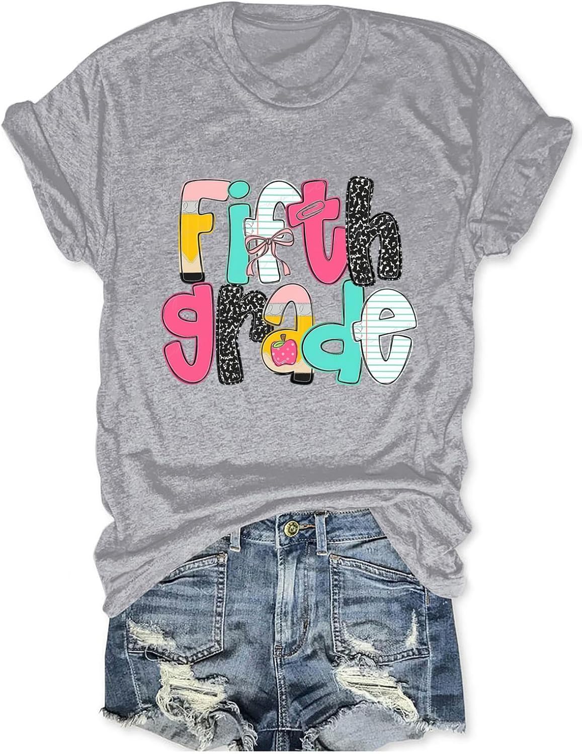 Fifth Grade Teacher Shirts Women Cute 5th Teaching Life Graphic Tee Shirt - Grey