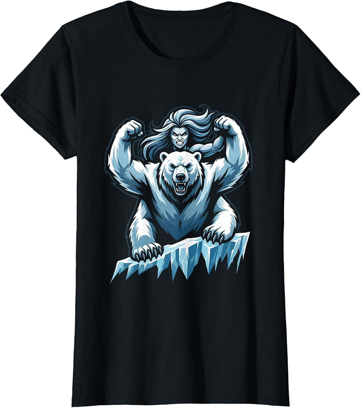 Women's Woman and Polar Bear on Icy Arctic Cliff T-Shirt - Black