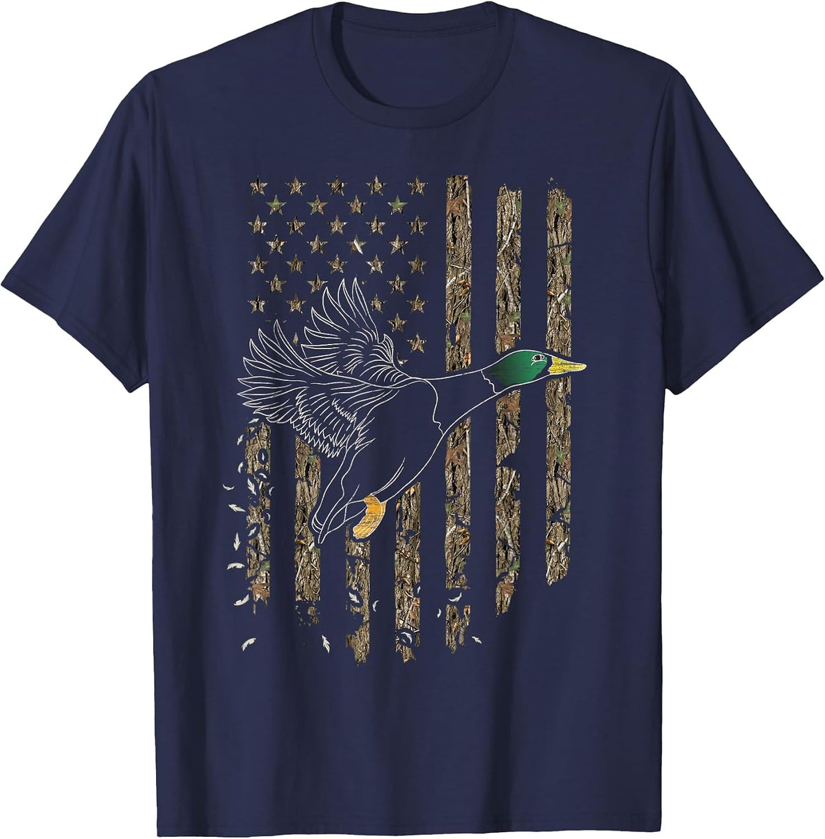 Duck Hunter American Flag Waterfowl Hunting Camouflage T-Shirt - Navy Blue