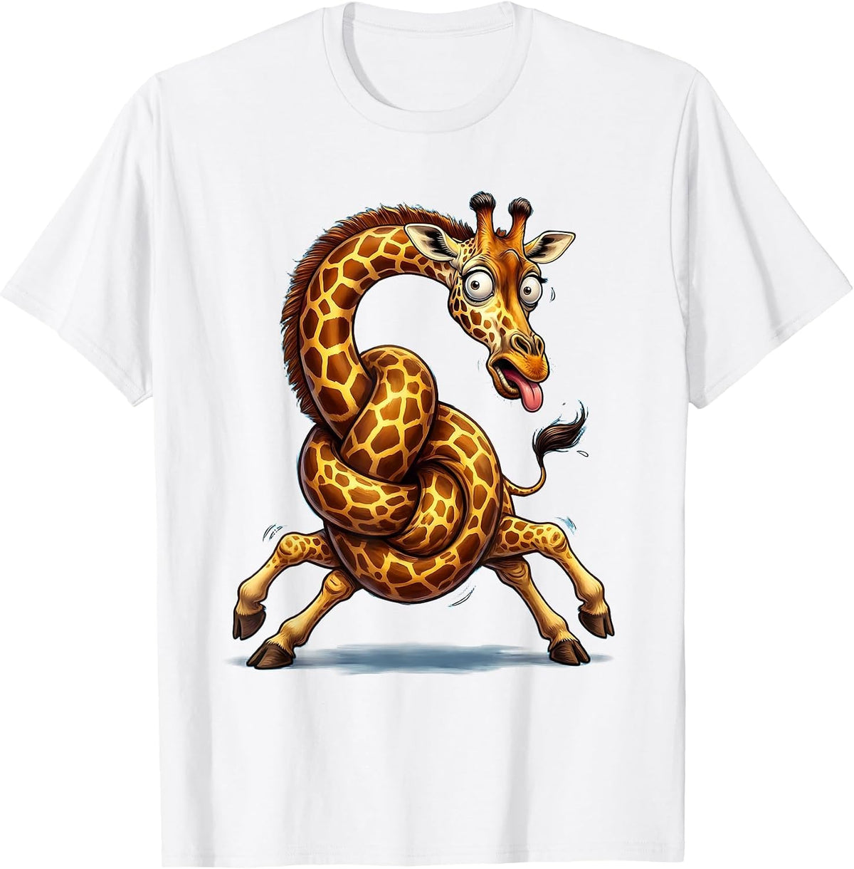 Men's Derpy Giraffe Tangled Neck Funny Animal Art T-Shirt - White