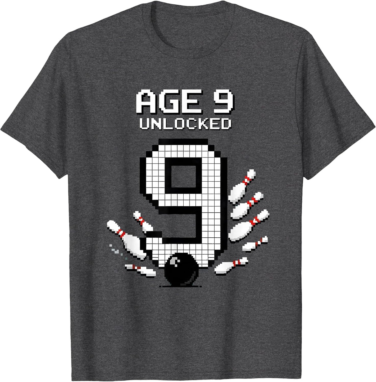 Men's Age 9 Unlocked Pixel Art Bowling Birthday Party 9th Birthday T-Shirt - Dark Heather Grey