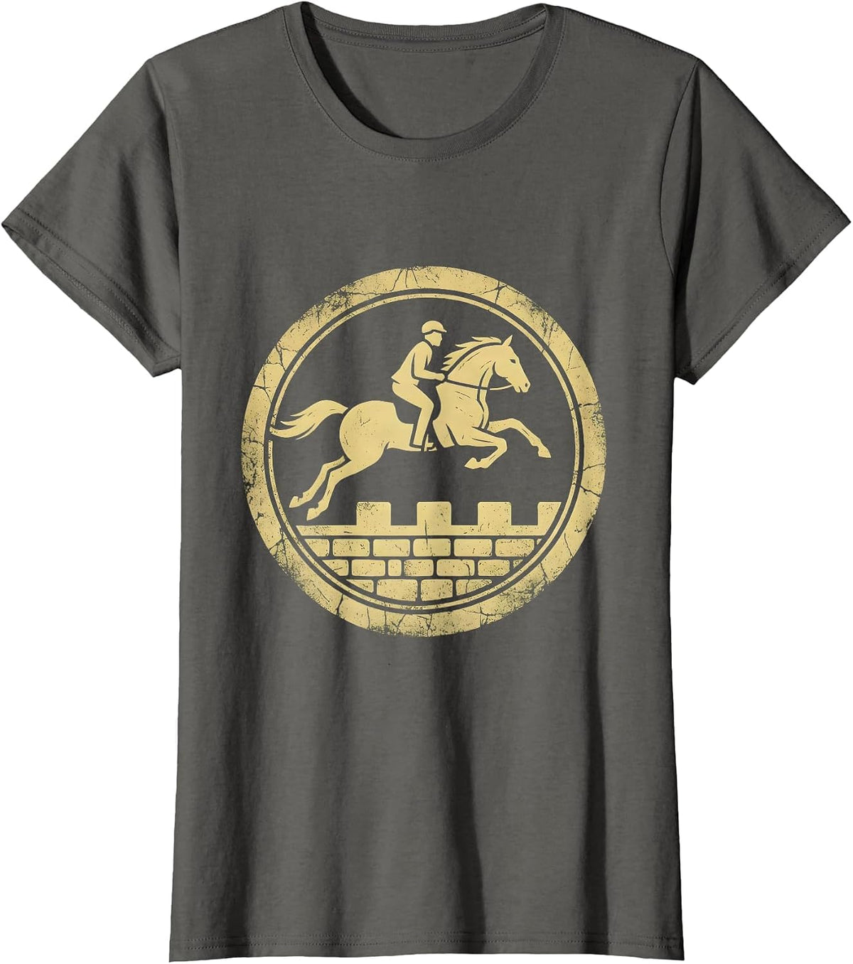 Women's Horse and Rider Leaping Over Stone Wall T-Shirt - Asphalt Grey