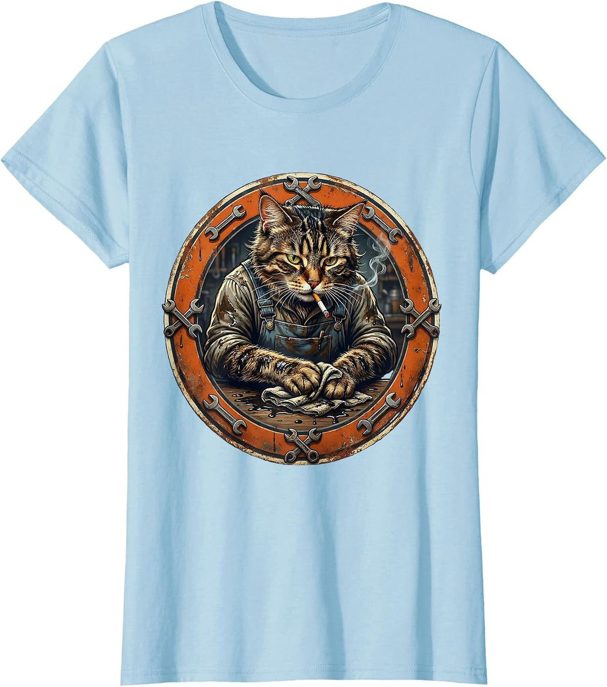 Cool Cat Mechanic With Cigarette Illustration T-Shirt - Baby Blue