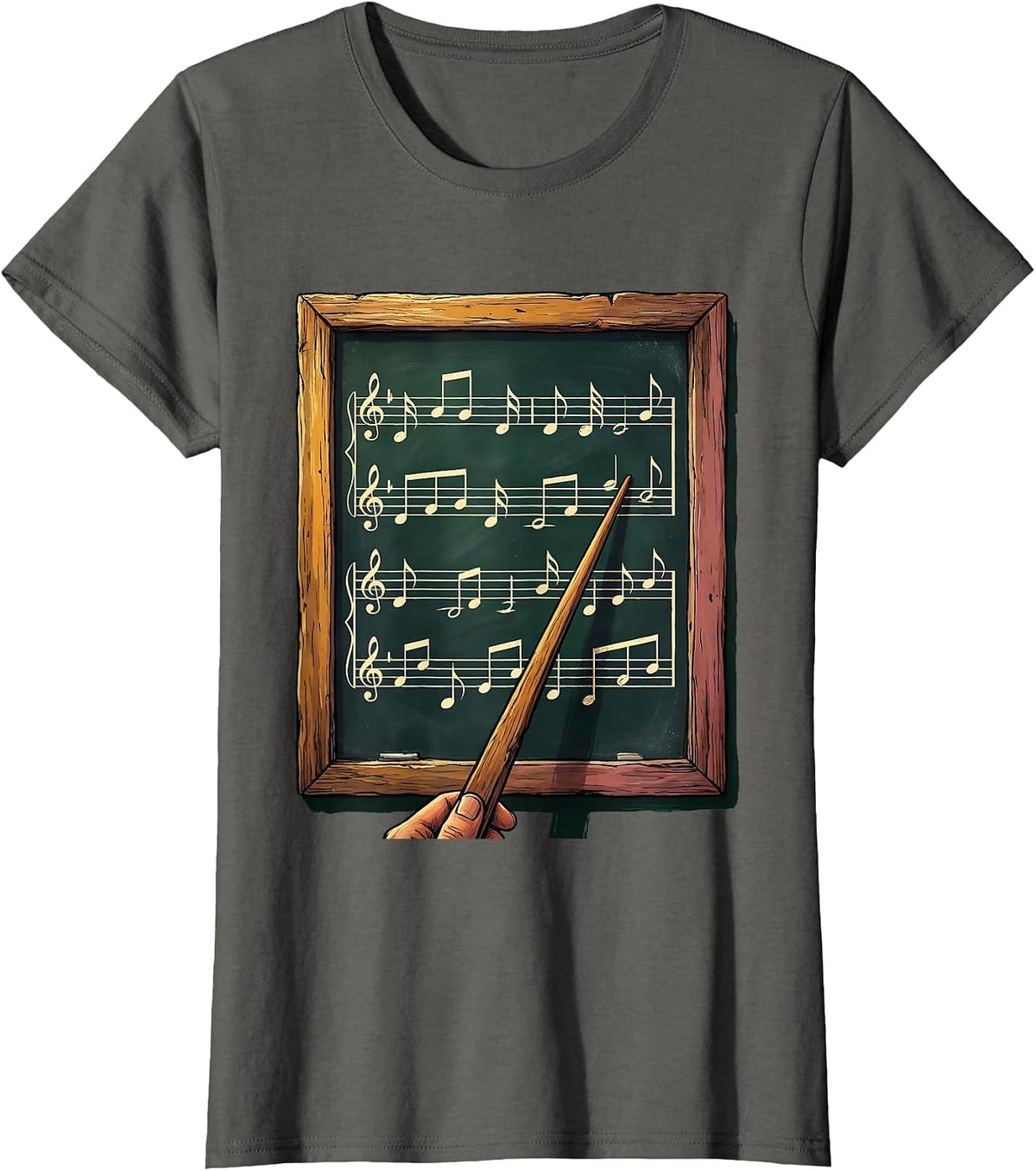 Women's Music Teacher Chalkboard Staff Notes Illustration T-Shirt - Asphalt Grey