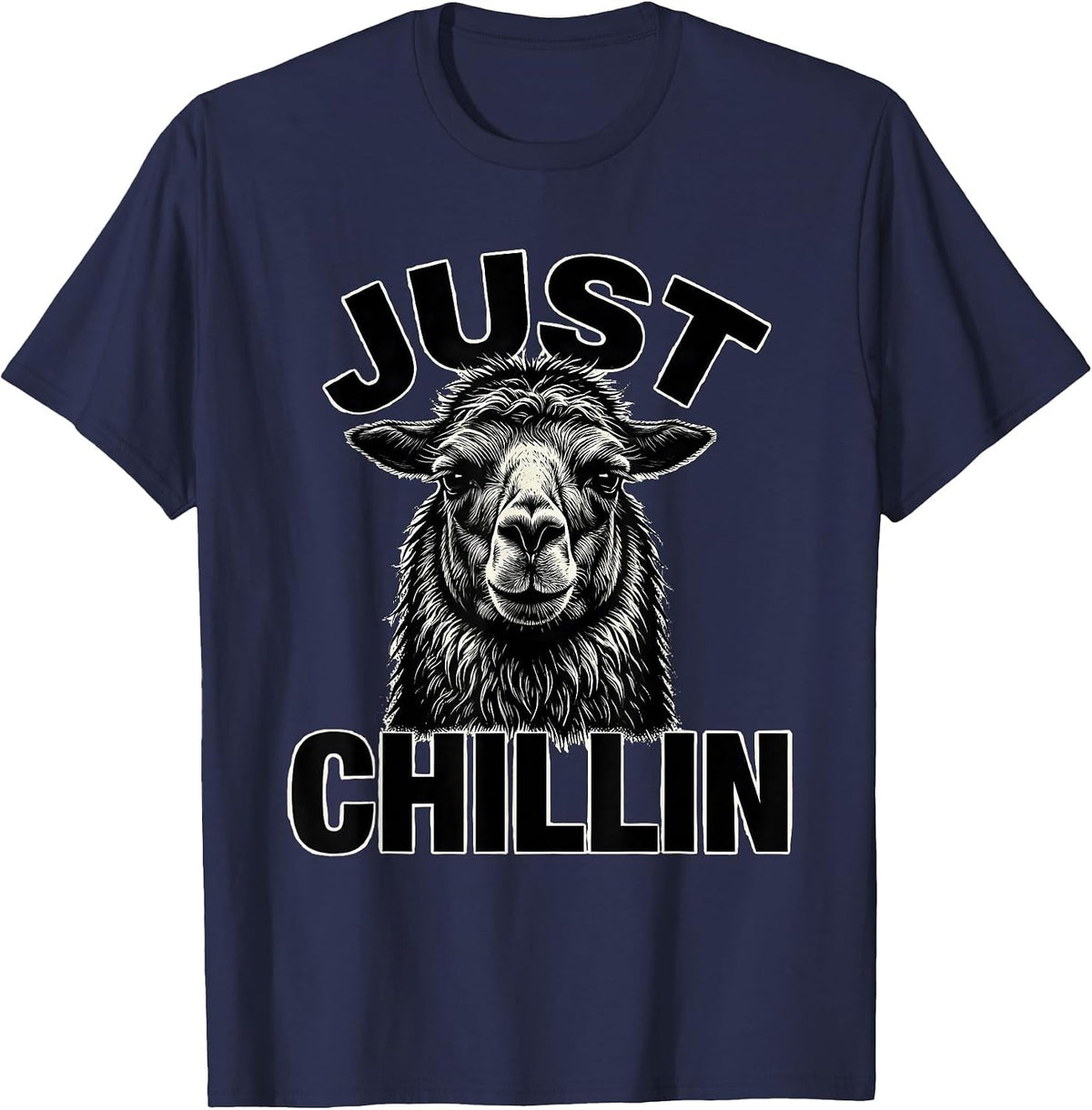 JUST CHILLIN' Scratchboard Llama Novelty Animal Mascot T-Shirt - Navy Blue