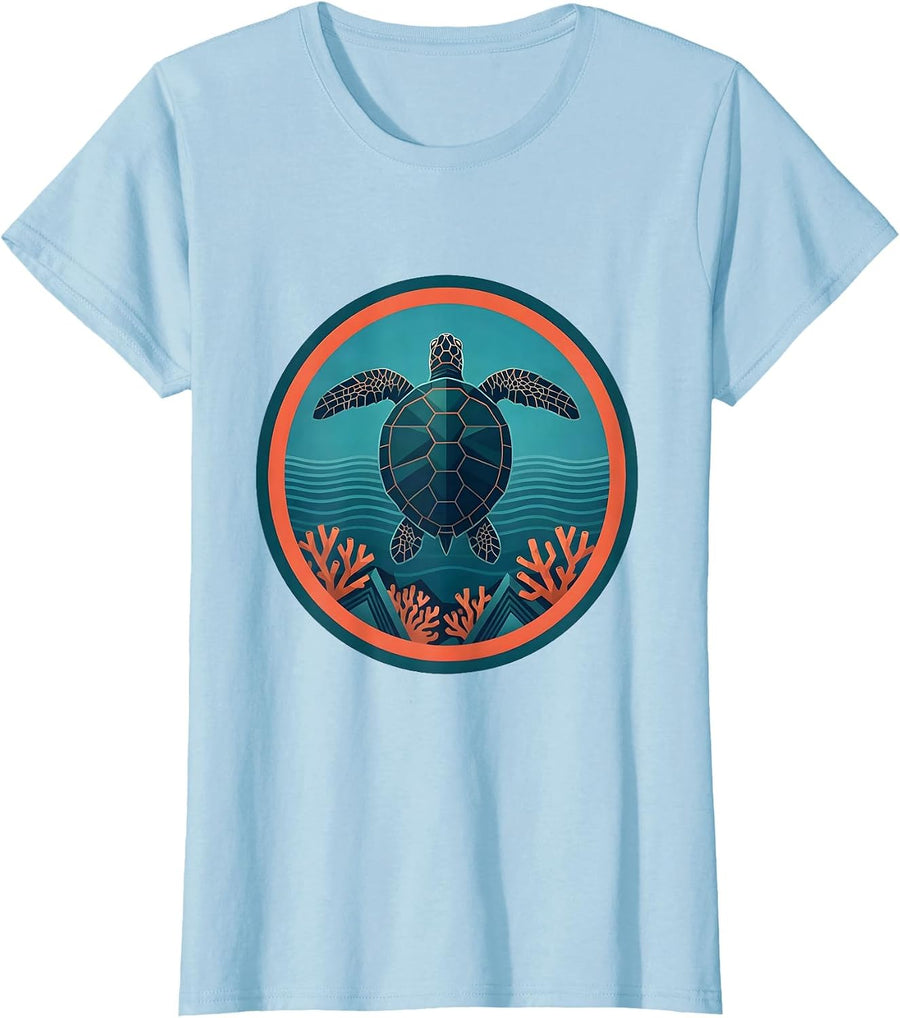 Women's Gulf of Mexico Sea Turtle Coral Reef Design T-Shirt - Baby Blue