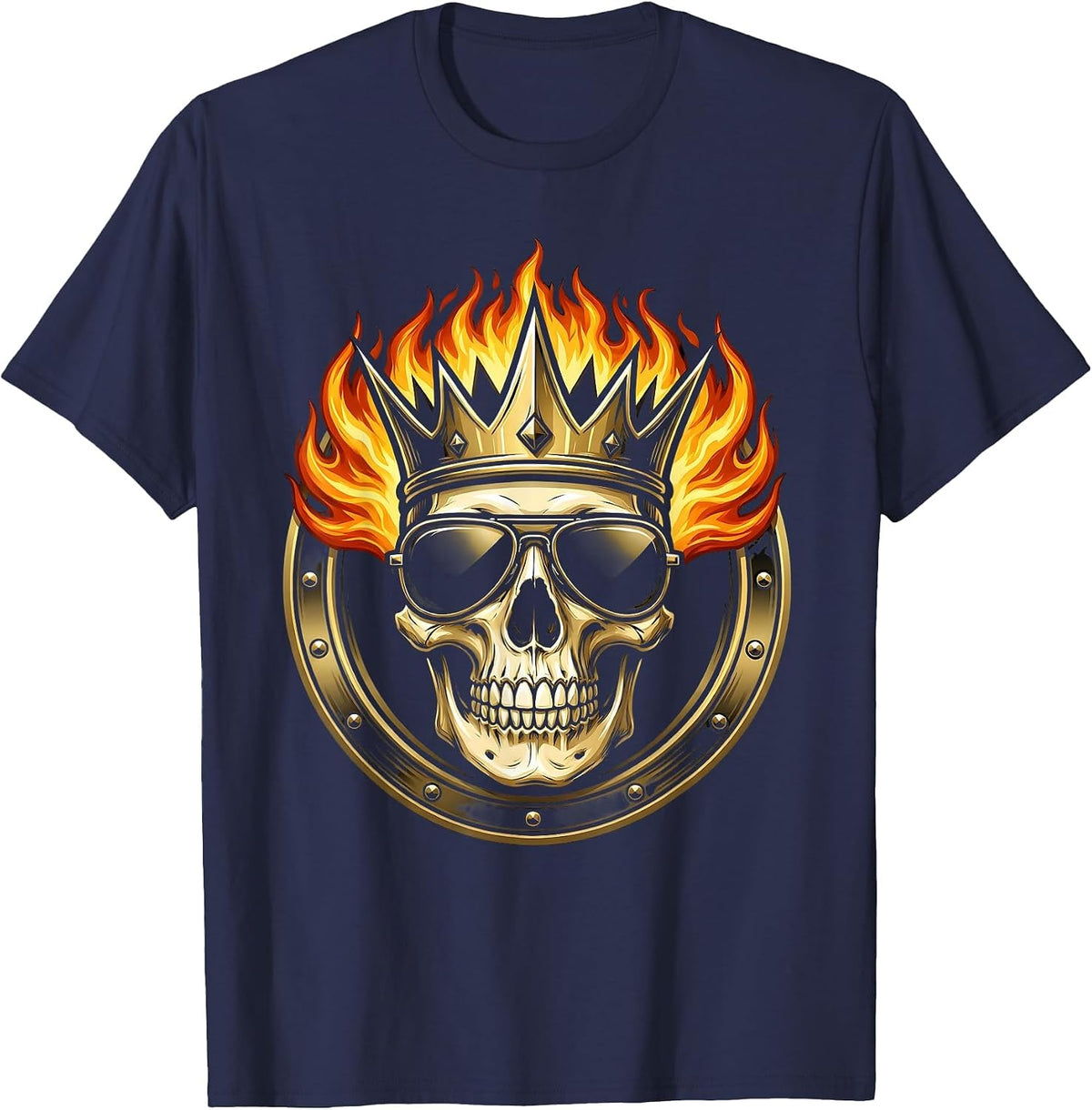 Vintage Rock Skull Flaming Crown Sunglasses Design T-Shirt - Navy Blue