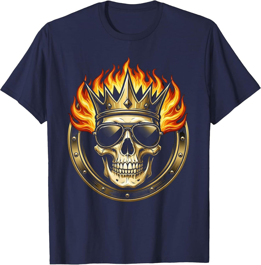 Vintage Rock Skull Flaming Crown Sunglasses Design T-Shirt - Navy Blue