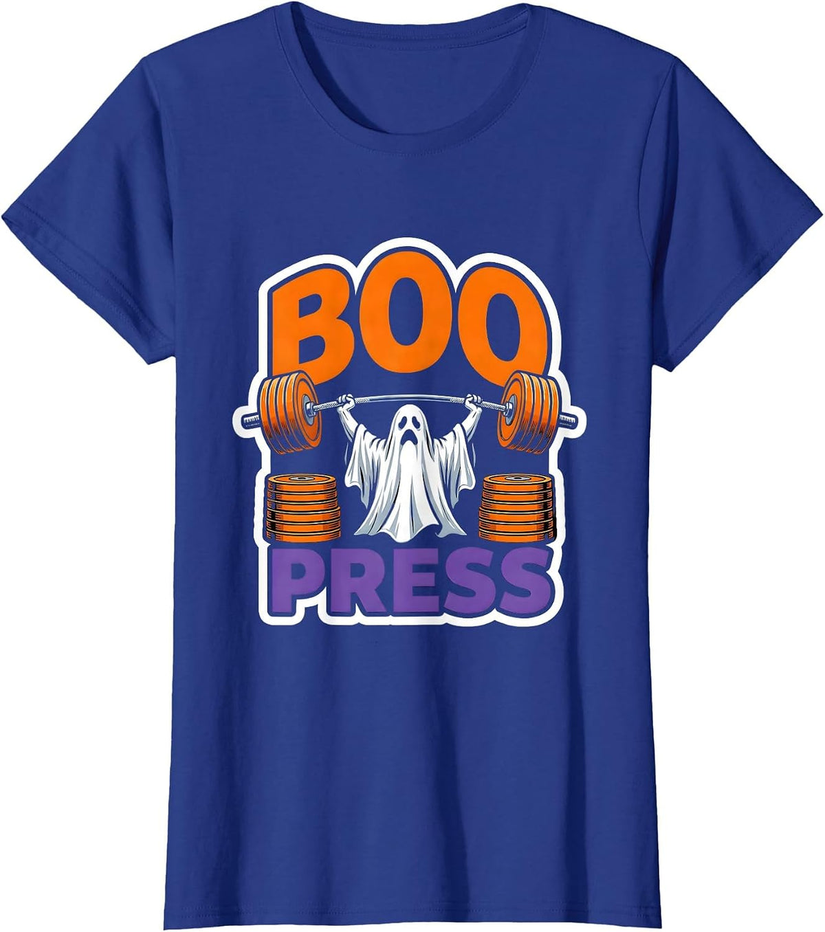 Women's Boo Press Funny Ghost Weight Lifting Gym Workout Halloween T-Shirt - Royal Blue