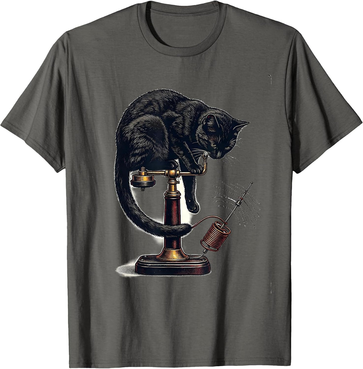 Men's Curled Cat on Telegraph Key Vintage Ham Radio Humor T-Shirt - Asphalt Grey
