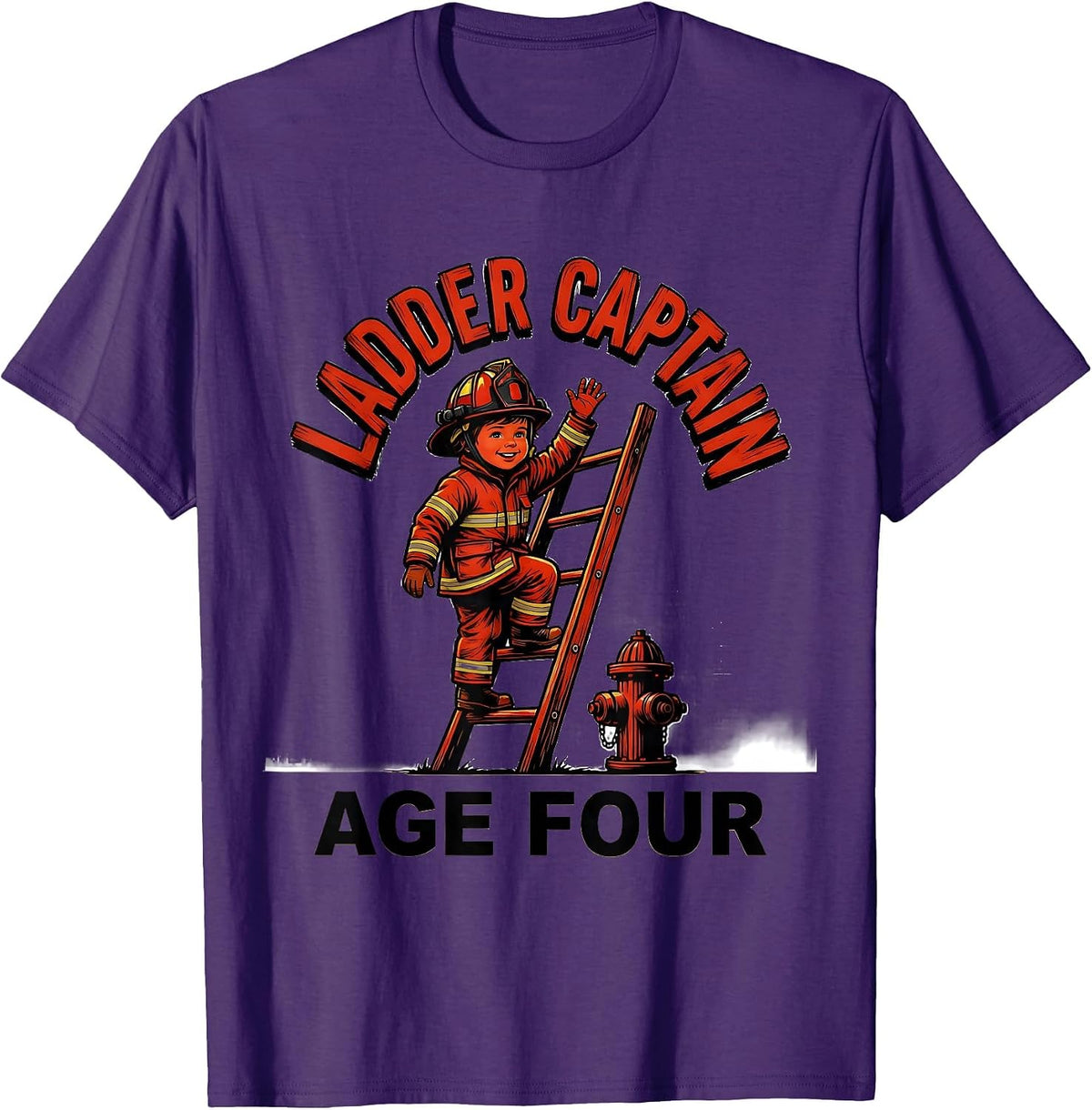 Ladder Captain Age Four Firefighter Kids Birthday Party T-Shirt - Purple