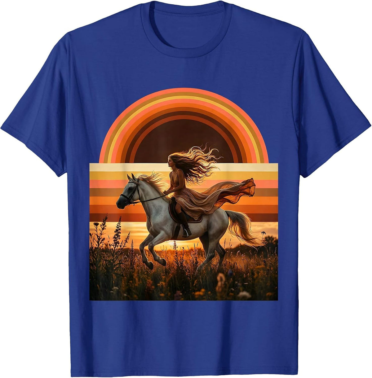 Men's Girl Riding Horse Through Wildflowers Graphic Tee T-Shirt - Royal Blue